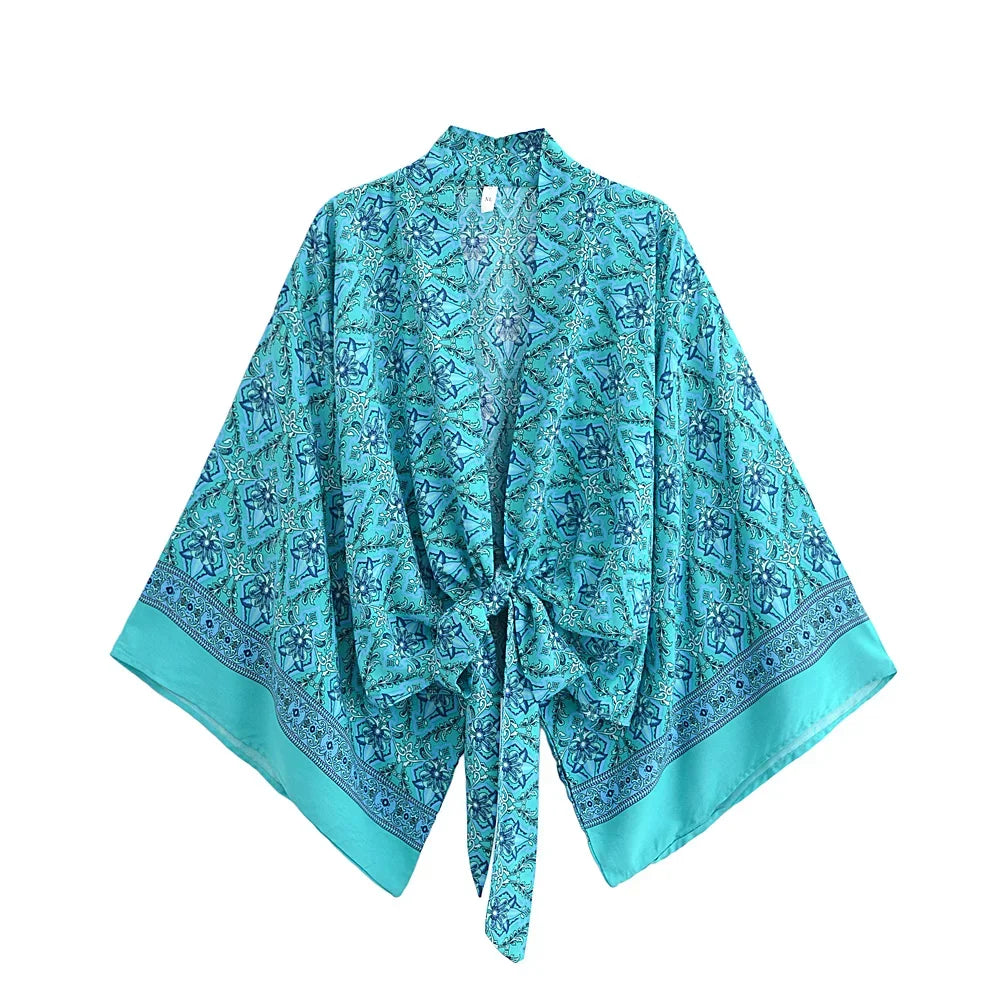 Boho Queens Red Floral Beach Kimono Short Robe Swimsuits