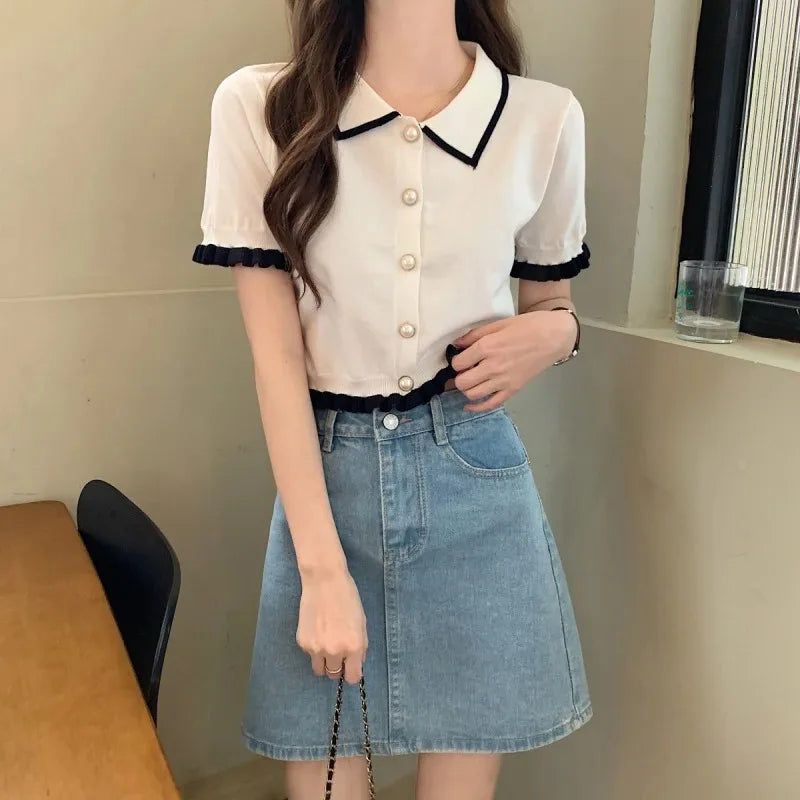 Korean Knitted Turn Down Collar Blouse