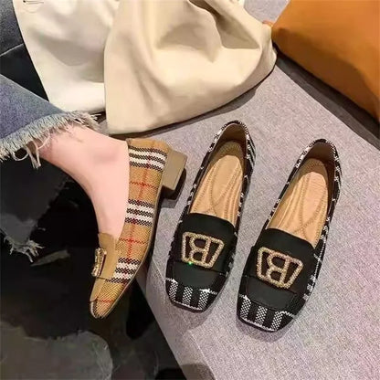 Square Toe Low Heel Hong Kong Style Metal Rhinestone Buckle Flats