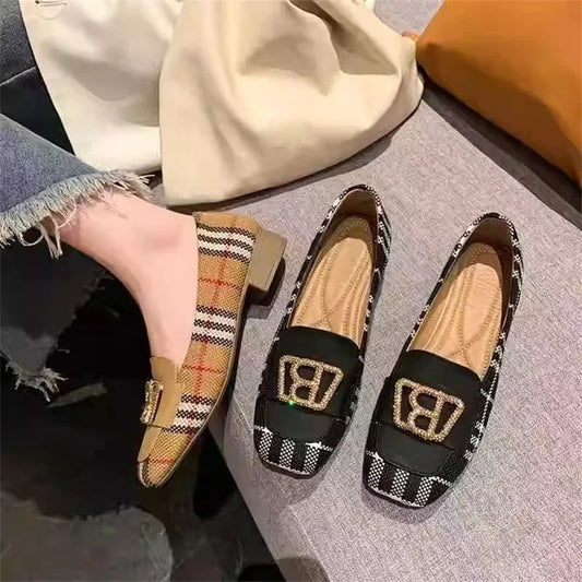 Square Toe Low Heel Hong Kong Style Metal Rhinestone Buckle Flats