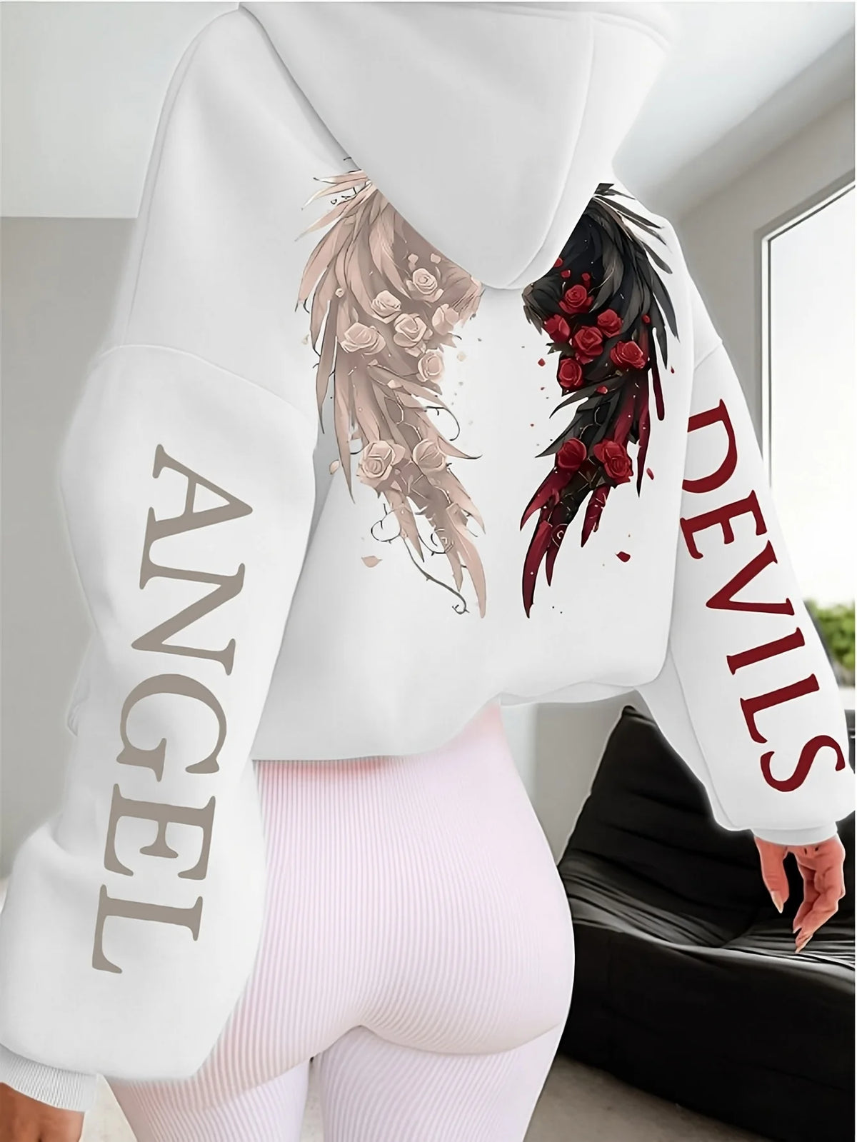 Plus-size Hooded Gothic Angel and Demon Pattern Fleece Oversized Streetwear