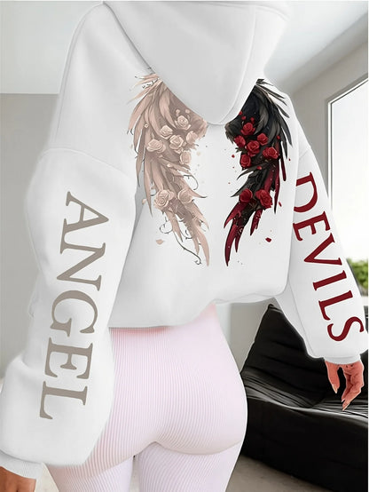 Plus-size Hooded Gothic Angel and Demon Pattern Fleece Oversized Streetwear