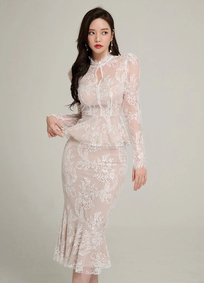 Spring Lace High Waist Mermaid Korean Skirts Suits