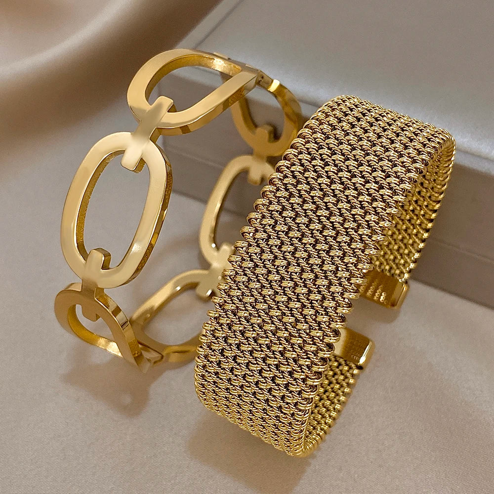 Vintage Y2K Stainless Steel Wide Weave Open Cuff Bangle Bracelet