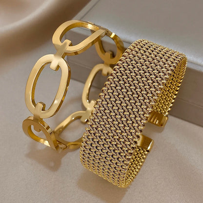 Vintage Y2K Stainless Steel Wide Weave Open Cuff Bangle Bracelet