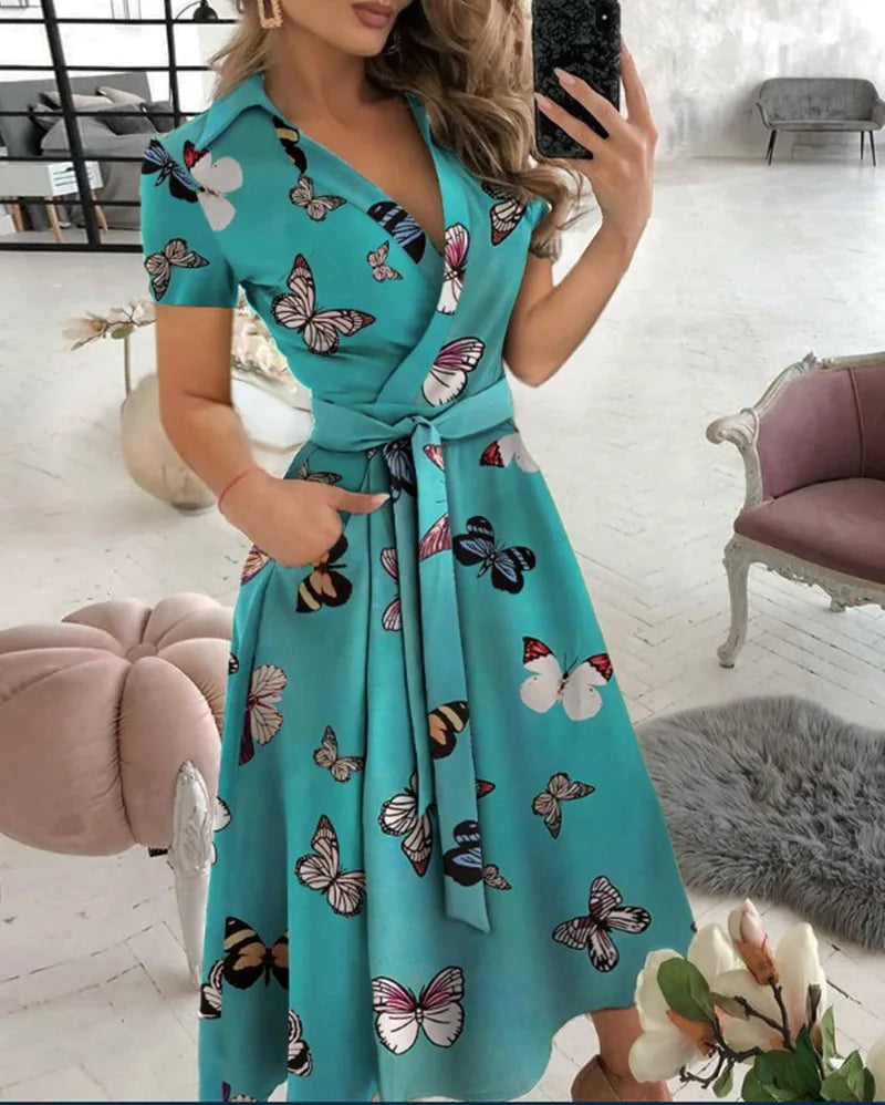 Short Sleeve Wrap V Neck Midi Dress