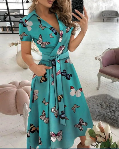 Short Sleeve Wrap V Neck Midi Dress