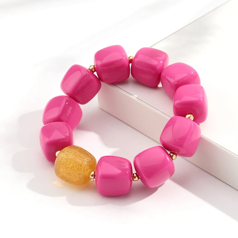 Pink Square Breaded Elastic Resin Geometric Beads Stretch Cuff Bangle Bracelets