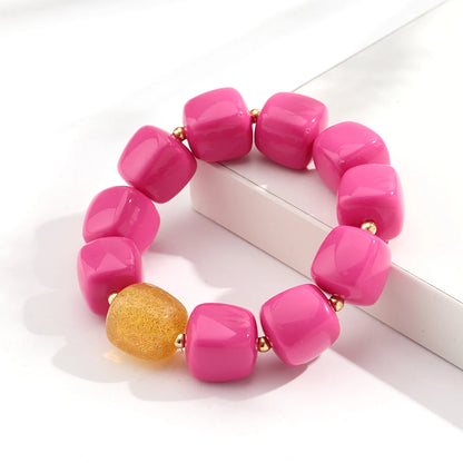 Pink Square Breaded Elastic Resin Geometric Beads Stretch Cuff Bangle Bracelets
