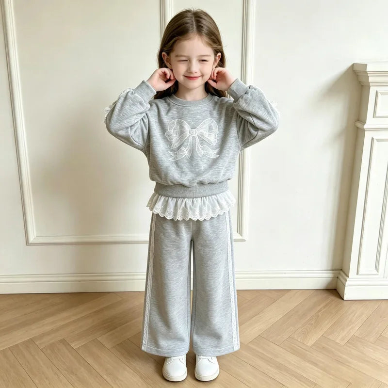 Autumn Bow Sweatshirt+Lace Patchwork Pants Set
