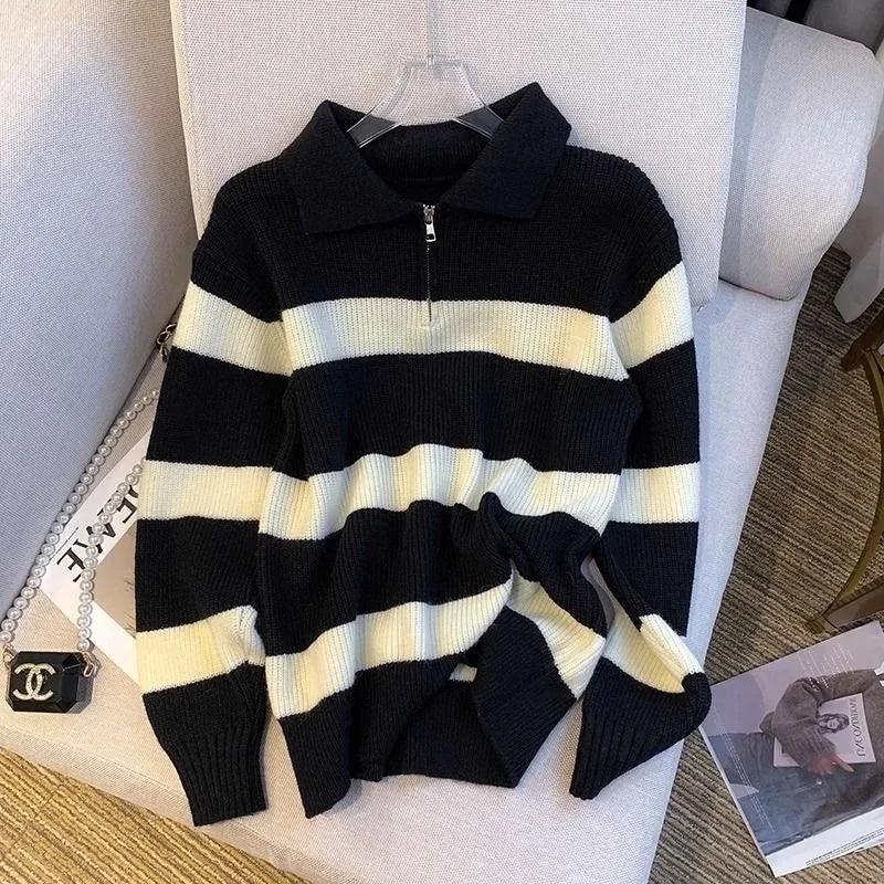 Loose Polo Neck Striped Korean Style Sweater