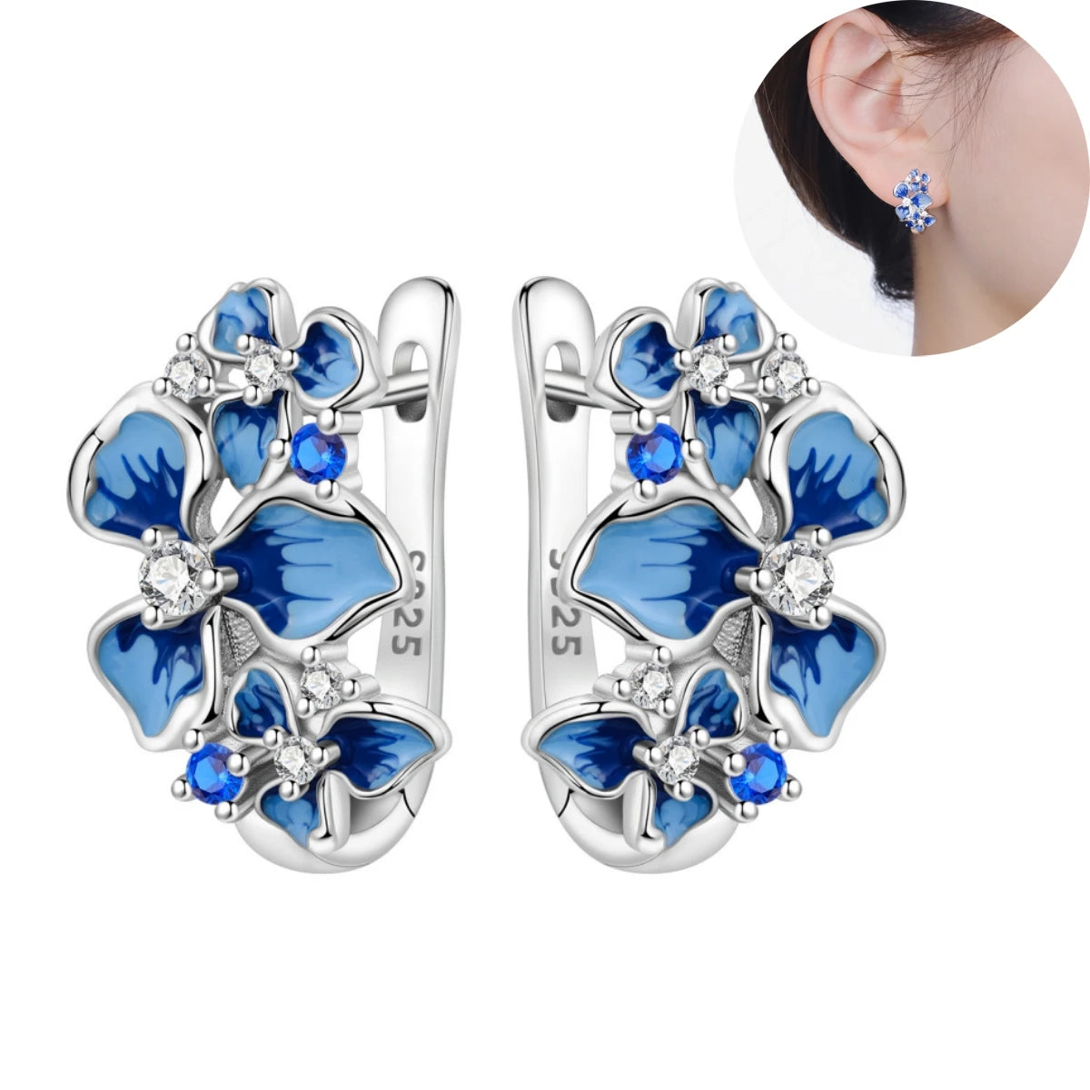 Orstarry Original 925 Sterling Silver Blue Iris Flower Earrings