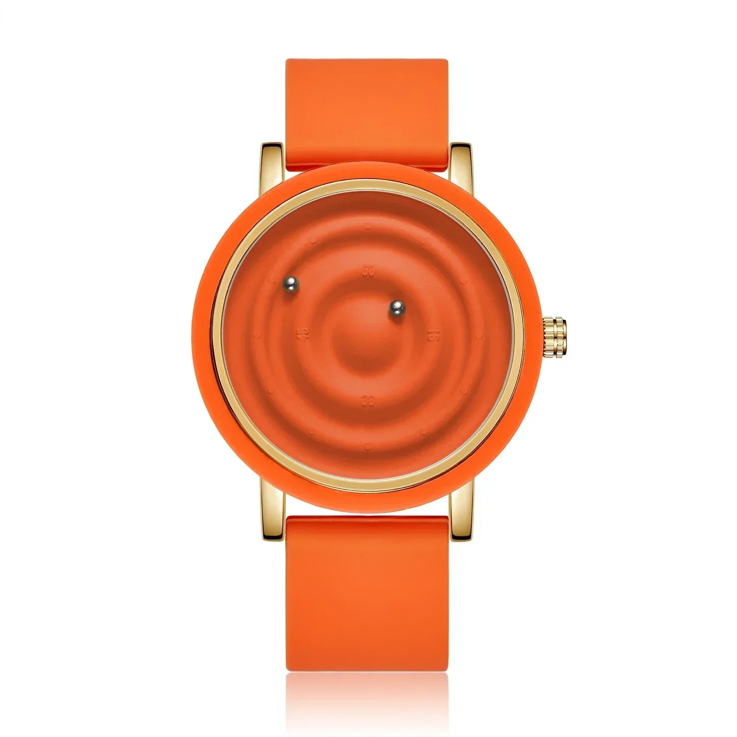 Modern orange silicone unisex watch with unique 3D concentric circle dial and gold case