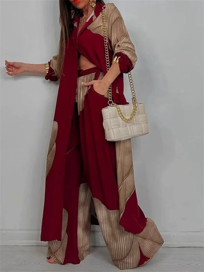 Casual Color Blocked Loose Shirt Top and Pants Two-piece Set