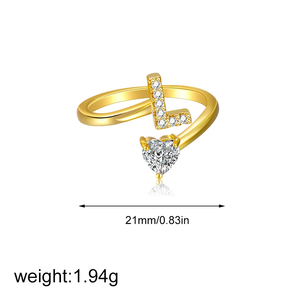 Gold Letter Open Heart Shape Cubic Zirconia  A-Z 26 Letter  Lnitials Rings