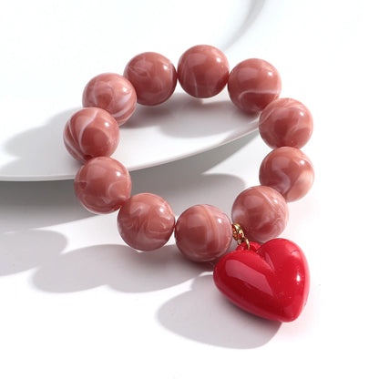 Boho Colorful Round Beads Heart Pendant Elastic Bracelets