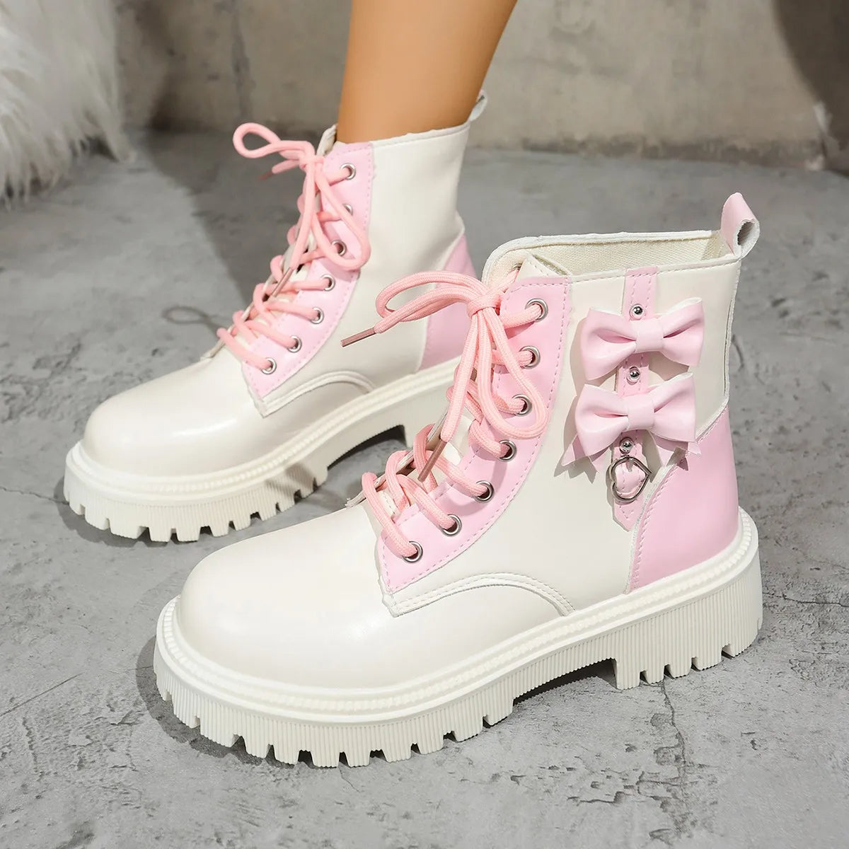 Sweet Pink Bowknot Mix Color Ankle Thick Bottom Lace Up Boots