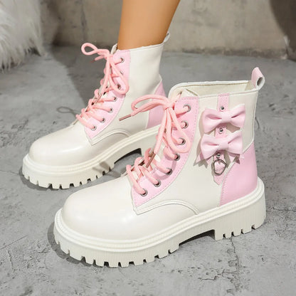 Sweet Pink Bowknot Mix Color Ankle Thick Bottom Lace Up Boots