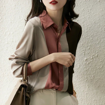 Satin Button Blouse Long Sleeve Polo Collar Shirt