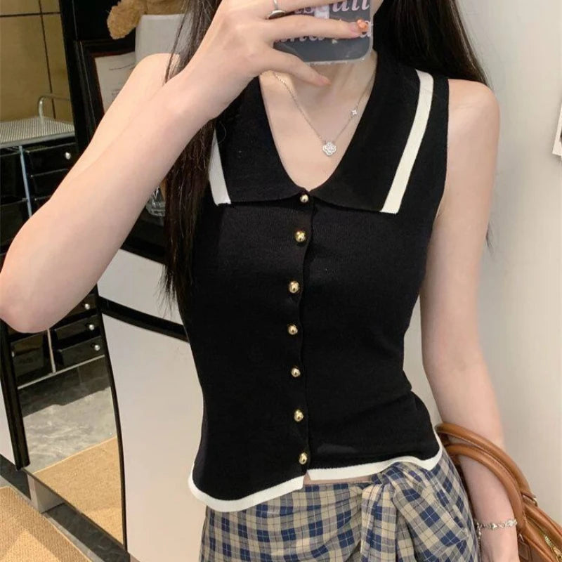 Polo Collar Knit Vest with Gold Button Sleeveless Cardigan Vest