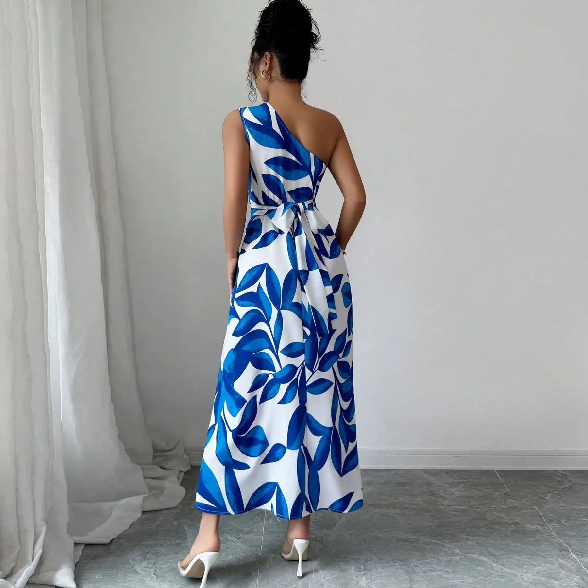 Cross-Border Floral Print Asymmetrical Shoulder Split Long Dress