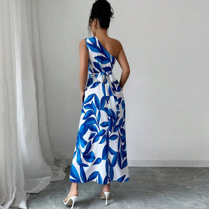 Cross-Border Floral Print Asymmetrical Shoulder Split Long Dress