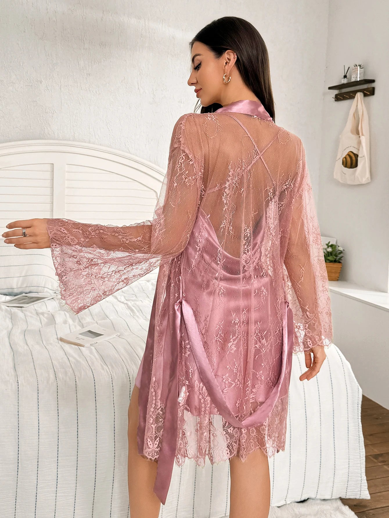 Polyester nightgown lace see-through robe set