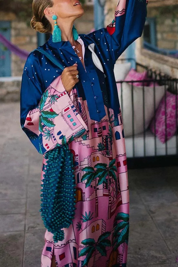 Vintage Satin Print Long Dress