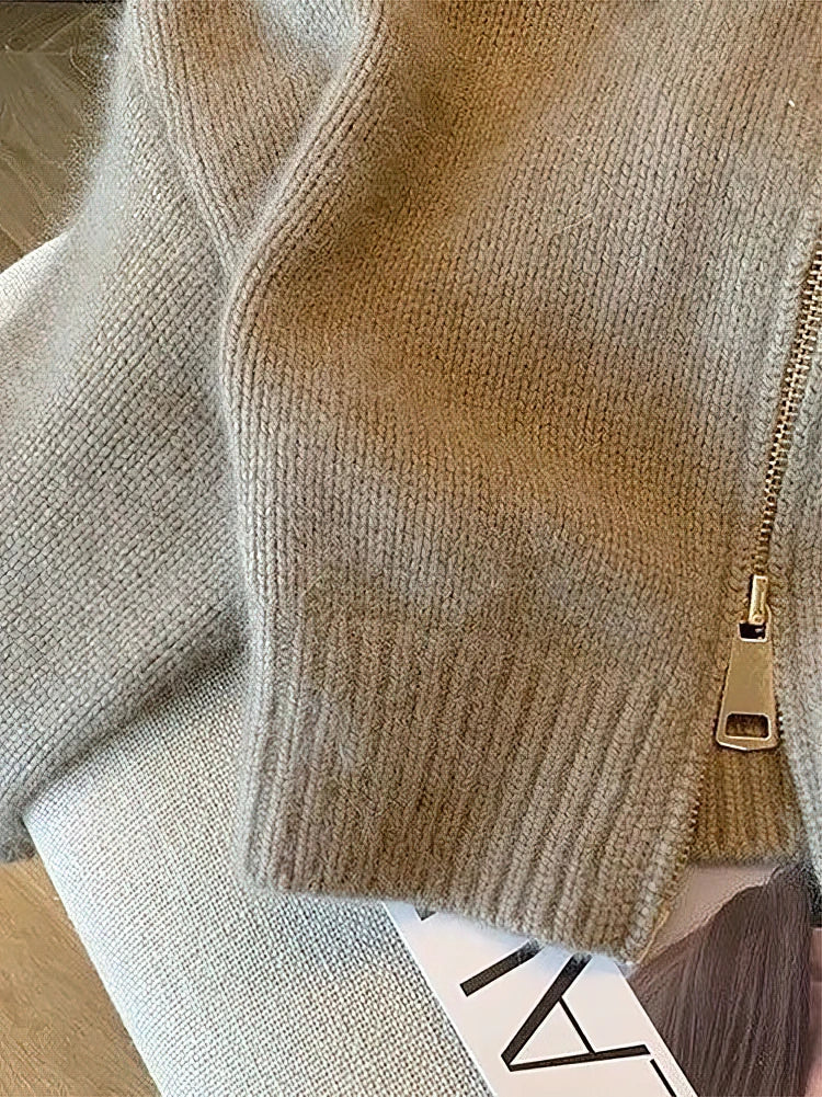 Zipper Cropped Cardigan 400g Thick Autumn Knitted Sweater Coat