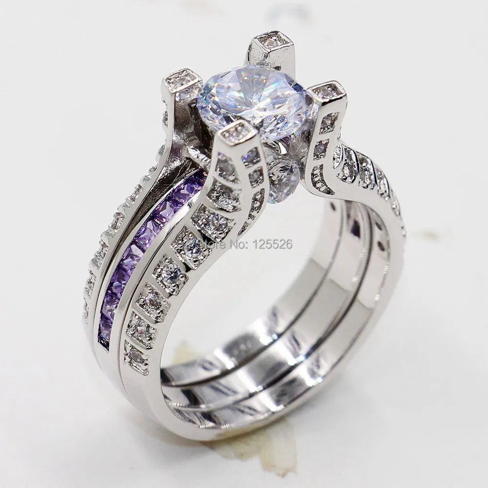 14K White Gold Vintage Lovers Grown Pink Diamond Ring Set