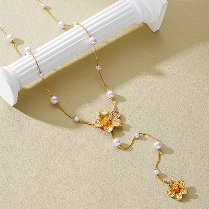 Long Tassel Imitation Pearl Flower Necklaces