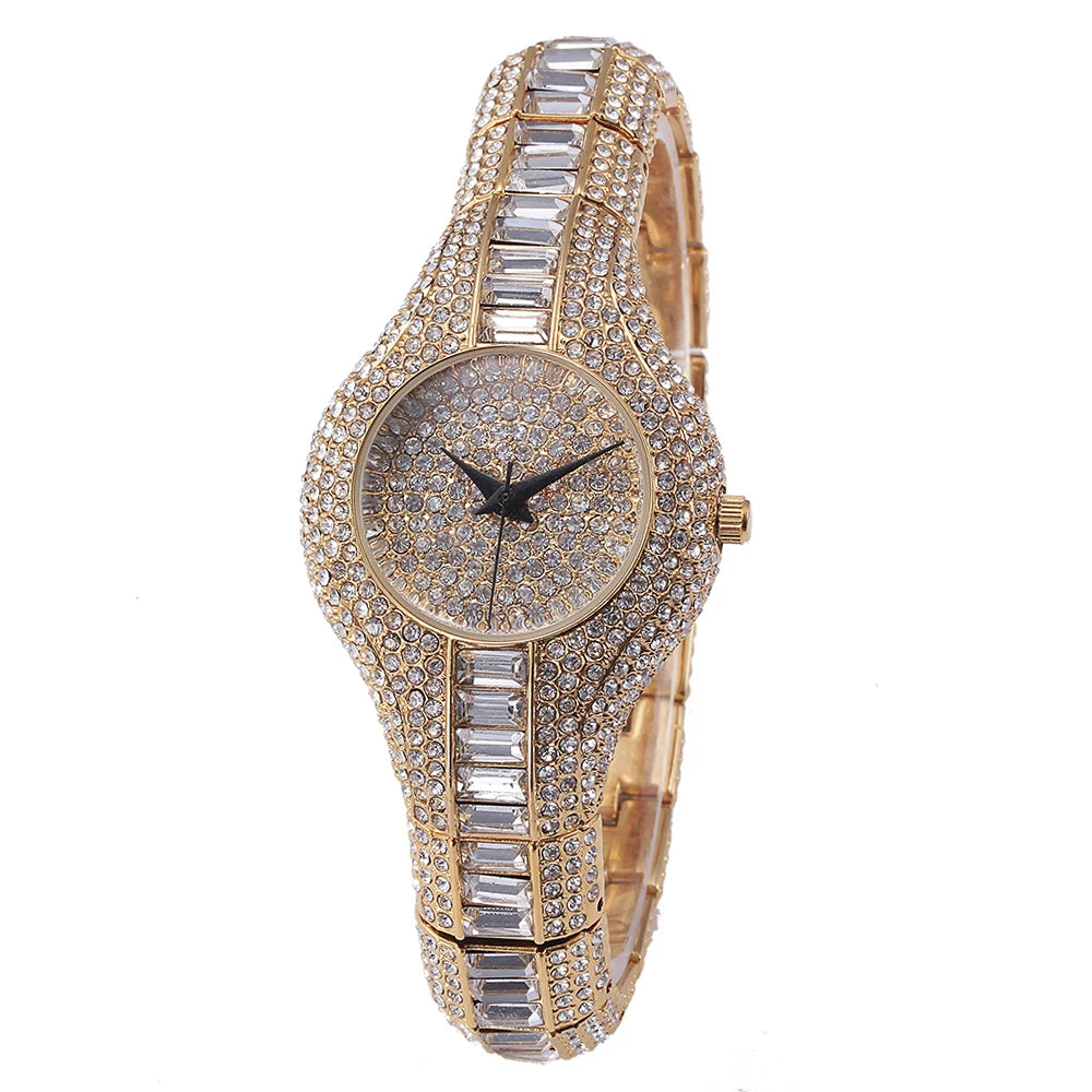 Baguette Diamond Luxury Gold Wristwatch Shockproof Waterproof Small Watch