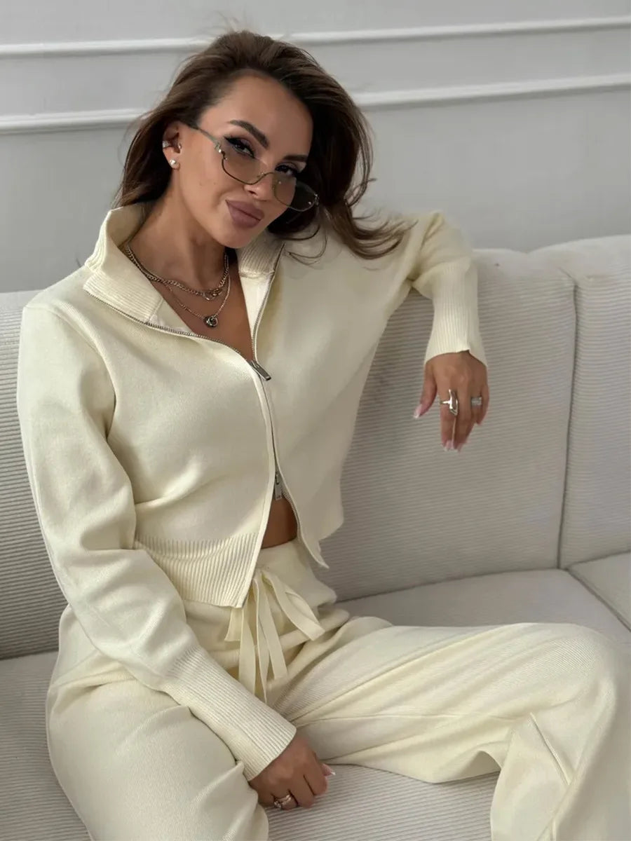 Knit Zip Up Cardigan Wide Leg Soft Fabric Cropped Sets
