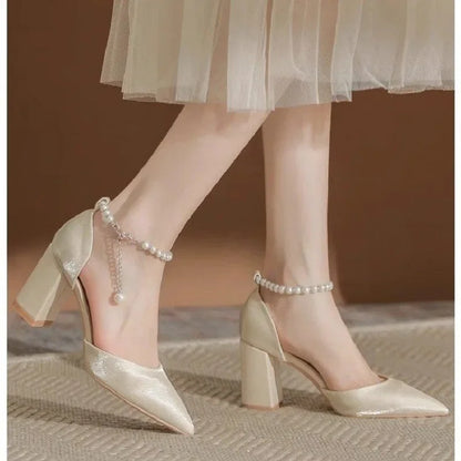 Elegant Pearl Satin Chunky Low Heel Shoes