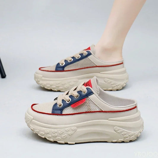 Thick Soles Increase Mesh Sport Lace Up Half Slipper Sneakers