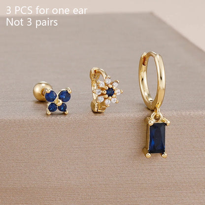 14K Gold Plated Zircon Square Hoop Stainless Steel Butterfly Stud Earring Set