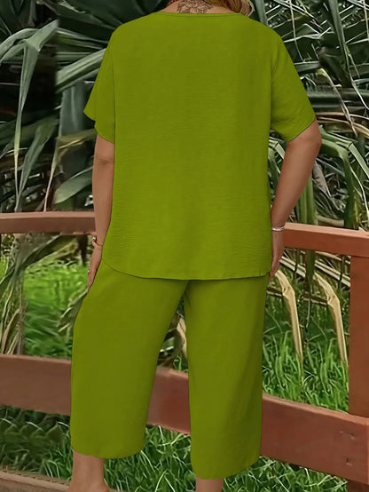 Plus size casual elegant short-sleeved top and wide-leg pants