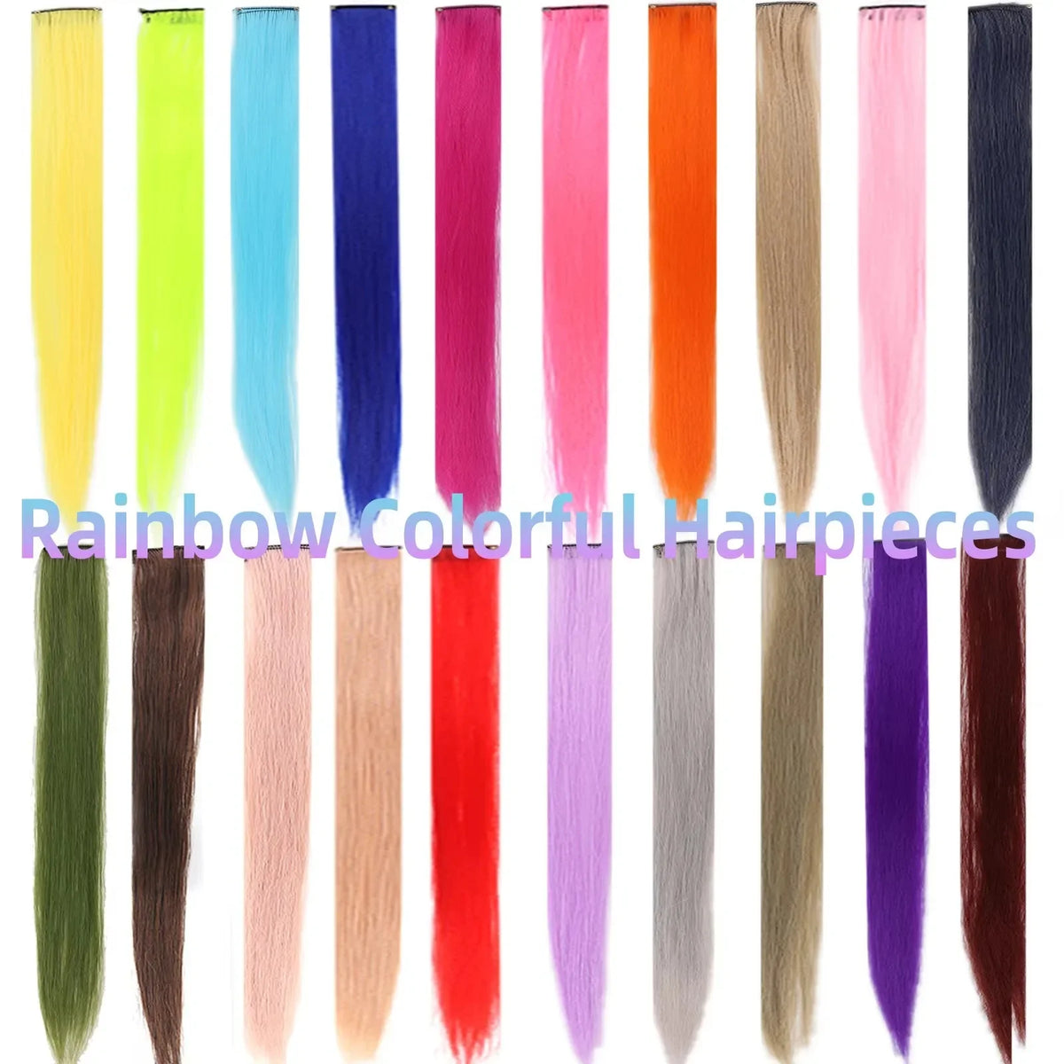 Colored Highlight 22 Inch Synthetic Hair Extensions Rainbow Long Straight Hairpieces