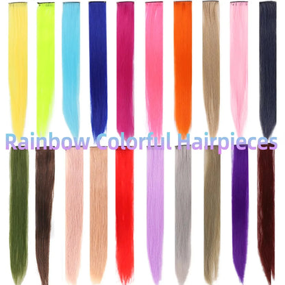 Colored Highlight 22 Inch Synthetic Hair Extensions Rainbow Long Straight Hairpieces