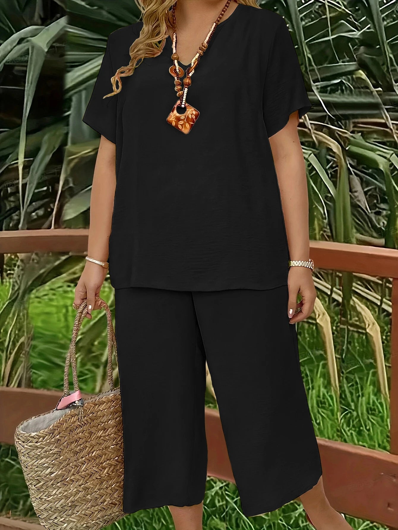 Plus size casual elegant short-sleeved top and wide-leg pants