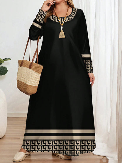 Plus-size geometric round neck long sleeve dress