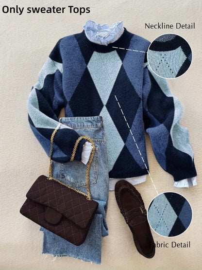 Classic diamond plaid contrast color pullover sweater