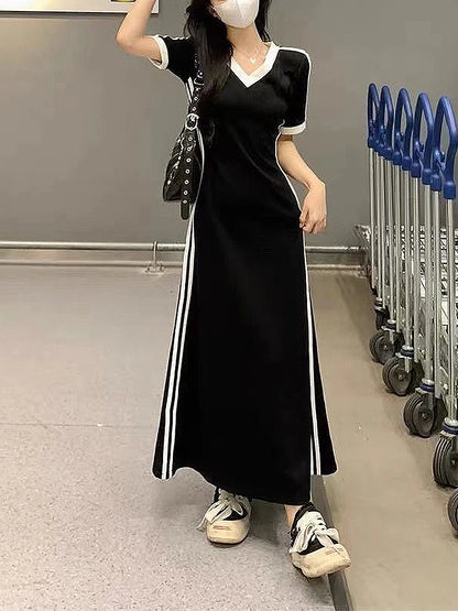 Midi Black Vintage Korean Style Elastic Long Sleeved Sports Dress
