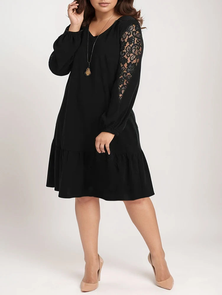 Plus Size Sexy V-Neck Elegant Loose-Fit Lace Long-Sleeve  Mini Dress