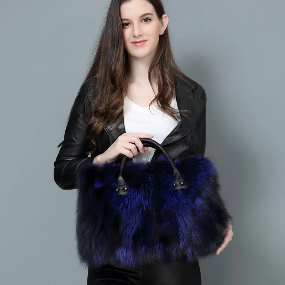 Real Fox Fur Large Size Plush Crossbody Luxury Handbags Fluffy Tote Bag