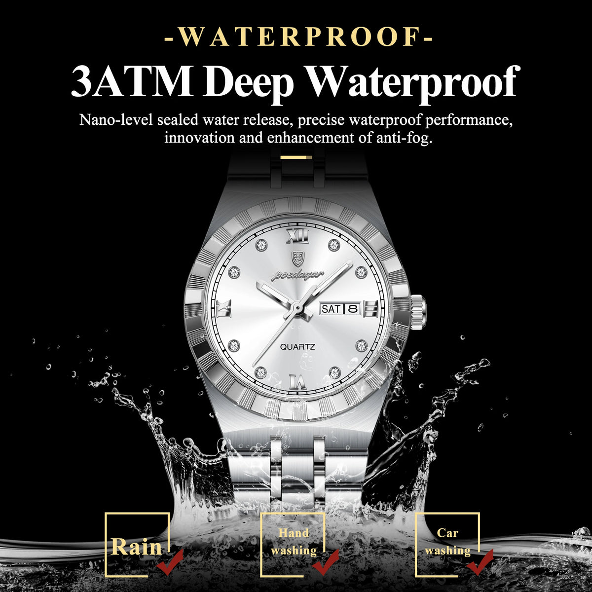Luminous Waterproof Week Date Stainless Steel Quartz Watches
