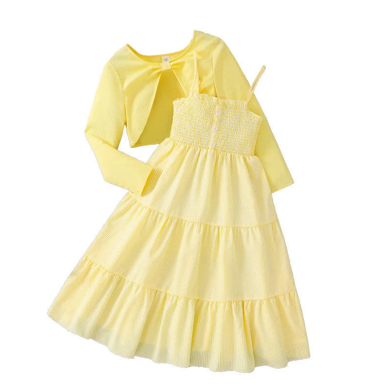 Kid Girl Long Sleeve Bow Sling Dress Set
