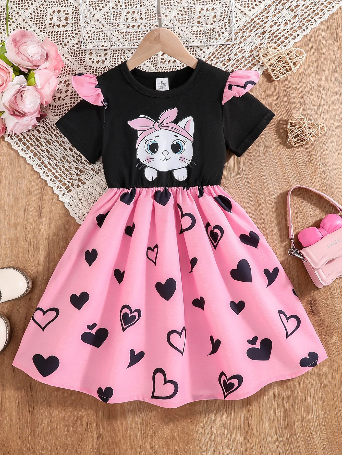 Cat Print Flutter Sleeve Short-Sleeve Patchwork Dress