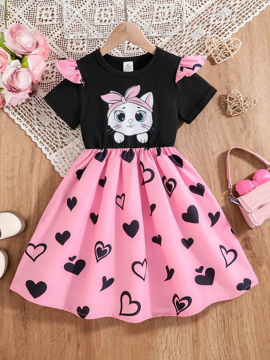 Cat Print Flutter Sleeve Short-Sleeve Patchwork Dress