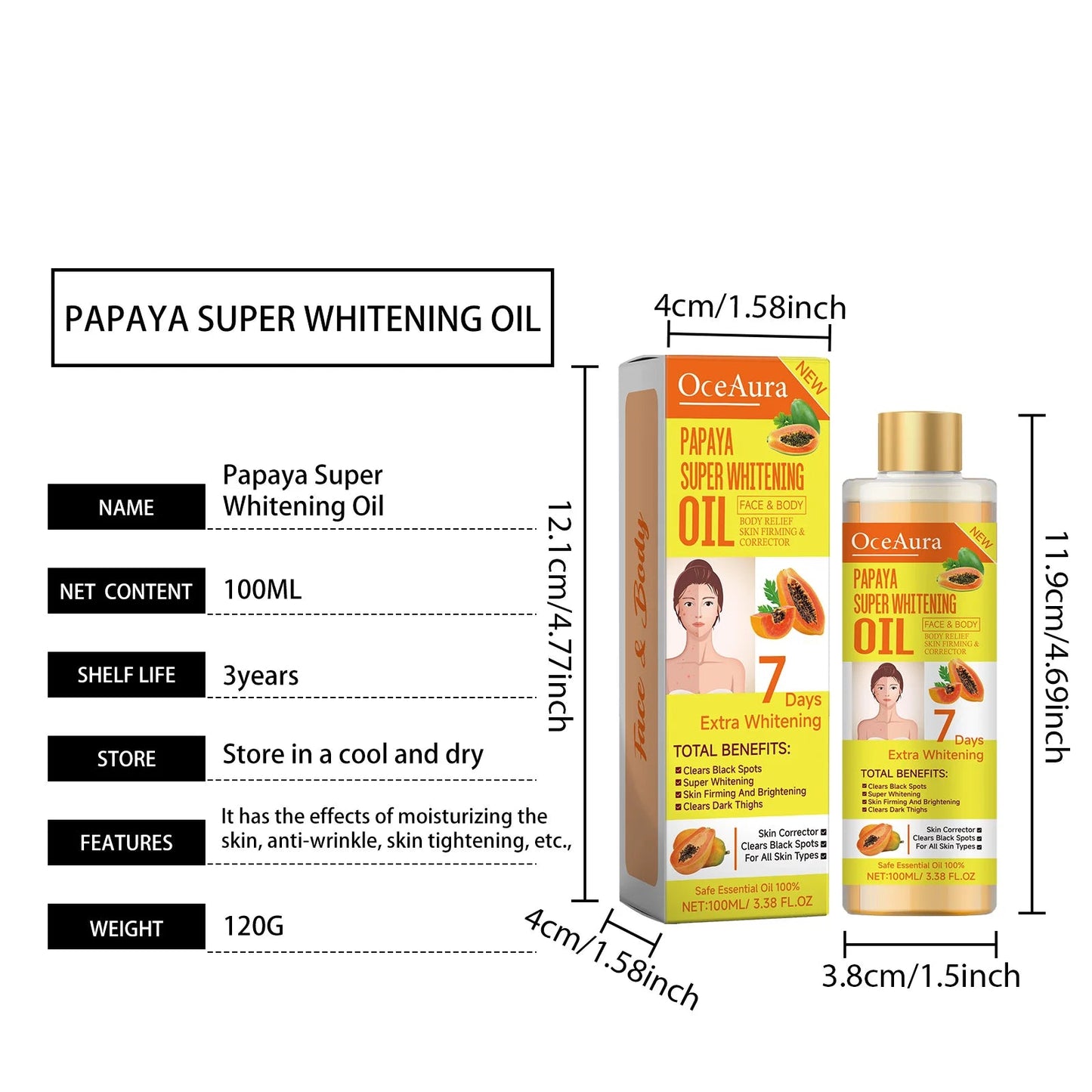 Aceite súper blanqueador de papaya para rostro y cuerpo